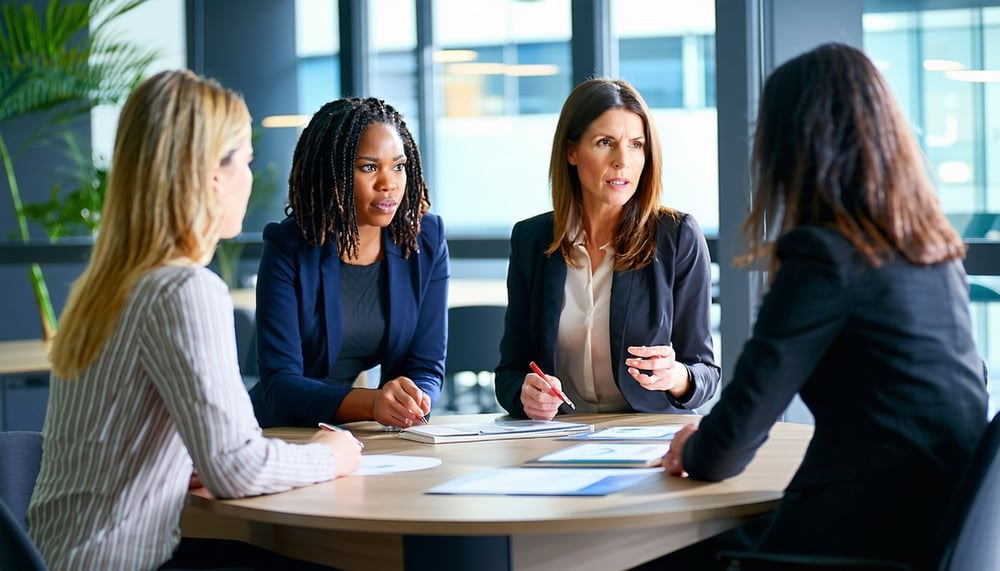 Professional women collaborating in financial crime prevention